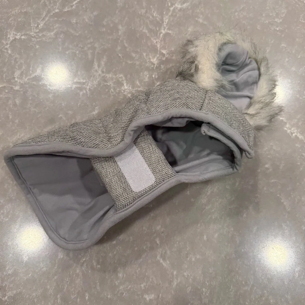 Gray Quilted Dog Winter Coat with Faux Fur Hood Size XS - Picture 11 of 11